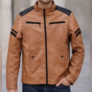 Mens Tan Faux Leather Moto Jacket Coat Black Stripe Hard Edge sz L Modern Biker